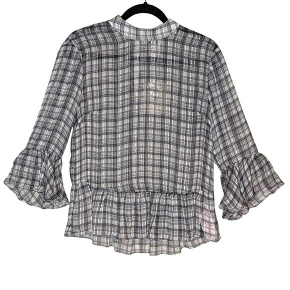 MINKPINK Tops - MINKPINK NWT Preppy Semi Sheer Check Plaid Blouse High Neck Ruffle Black White